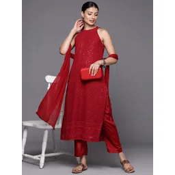 Varanga Women Maroon Embroidered Chikankari Silk Georgette Kurta with Trousers & With Dupatta-picture-31