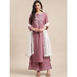 Varanga Women Mauve Ethnic Motifs Pure Cotton Kurta With Palazzo & Dupatta-picture-34