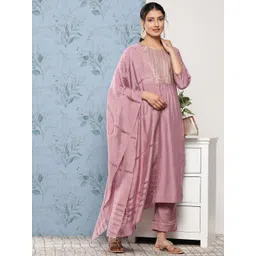 Varanga Women Mauve Floral Embroidered Sequinned Kurta with Trousers & With Dupatta-image-12