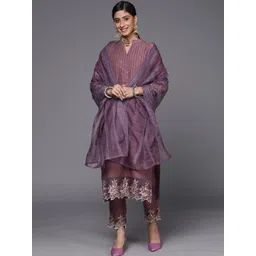 Varanga Women Mauve Floral Embroidered Sequinned Kurta with Trousers & With Dupatta-image-13
