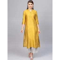 Varanga Women Mustard Yellow Striped Gotta Patti Dobby Kurta-picture-38