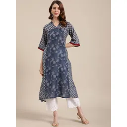 Varanga Women Navy Blue Floral Printed Panelled Pure Silk Kurta with Palazzos-picture-38