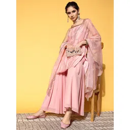 Varanga Women Peach-Coloured Striped Kurta with Sharara & Dupatta-picture-35