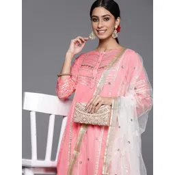 Varanga Women Pink & Off White Striped Gotta Patti Cotton Kurta with Palazzos & Dupatta-image-35
