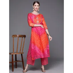 Varanga Women Pink & Orange Leheriya Embroidered Kurta-image-36