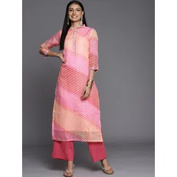 Varanga Women Pink & Orange Leheriya Printed Gotta Patti Chanderi Silk Kurta-image-16