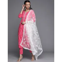 Varanga Women Pink Bandhani Printed Gotta Patti Pure Cotton Kurta with Trousers & With Dupatta-picture-32