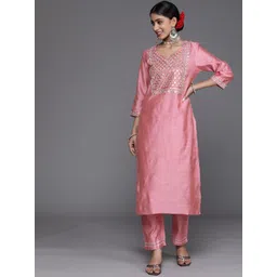 Varanga Women Pink Embroidered Mirror Work Kurta with Trouser-picture-32