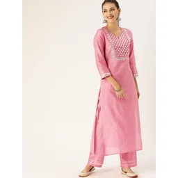 Varanga Women Pink Embroidered Mirror Work Kurta with Trousers-picture-31