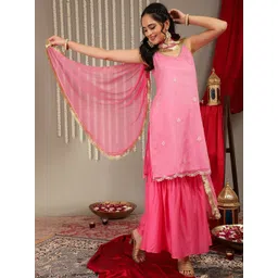 Varanga Women Pink Embroidered Sequinned Kurta with Sharara & Dupatta-image-33