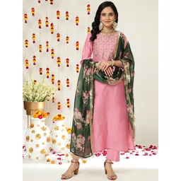 Varanga Women Pink Ethnic Motifs Embroidered Dupion Silk Kurta with Palazzos & With Dupatta-picture-19