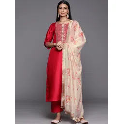 Varanga Women Pink Ethnic Motifs Embroidered Sequinned Kurta with Trousers & With Dupatta-image-43