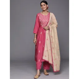 Varanga Women Pink Ethnic Motifs Embroidered Thread Work Kurta with Trousers & With Dupatta-image-37