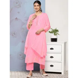 Varanga Women Pink Floral Embroidered Mirror Work Pure Cotton Kurta with Trousers & With Dupatta-image-20
