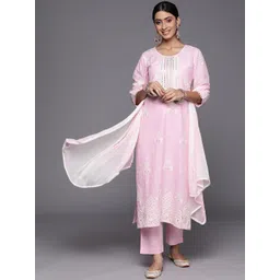 Varanga Women Pink Floral Embroidered Mirror Work Pure Cotton Kurta with Trousers & With Dupatta-picture-13