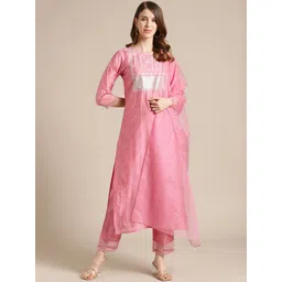 Varanga Women Pink Floral Embroidered Thread Work Kurta with Trousers & With Dupatta-picture-21