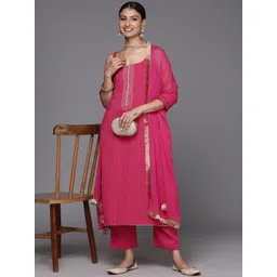 Varanga Women Pink Regular Silk Crepe Kurta with Trousers & With Dupatta-image-27