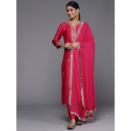 Varanga Women Pink Yoke Design Kurta with Trousers & With Dupatta-image-31
