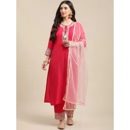 Varanga Women Pink Zari Embroidered Kurta With Trouser With Net Lace Dupatta.-image-42