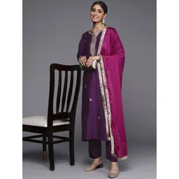 Varanga Women Purple Ethnic Motifs Embroidered Kurta with Trousers & With Dupatta-picture-18
