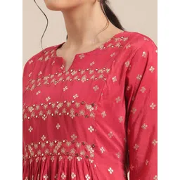 Varanga Women Red & Gold-Toned Floral Embroidered Mirror Work Pleated Kurta With Trousers image 5