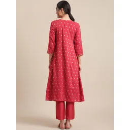 Varanga Women Red & Gold-Toned Floral Embroidered Mirror Work Pleated Kurta With Trousers image 3