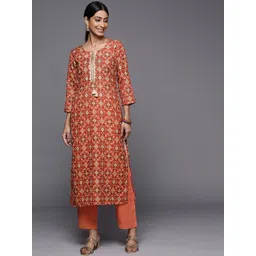 Varanga Women Red & Green Cotton Geometric Printed Mirror Work Indie Prints Winter Kurta-picture-24