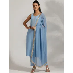 Varanga Women Regular Thread Work Silk Crepe Kurta with Trousers & With Dupatta-picture-22