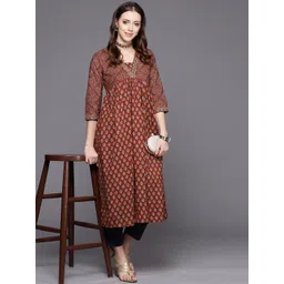 Varanga Women Rust Orange & Blue Ethnic Motifs Printed Kurta-image-3