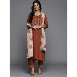 Varanga Women Rust Orange Yoke Design Sequinned Kurta with Trousers & Dupatta-image-18