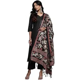 varanga Women Solid Black V Neck Straight Kurta Set With Printed Dupatta-picture-12