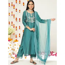 Varanga Women Teal Floral Embroidered Kurta with Trousers & Dupatta-picture-26