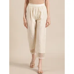 Varanga Women Varanga Off White Silk & Organza Zari Embellished Trousers-picture-18