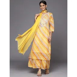 Varanga Women Yellow Leheriya Printed Gotta Patti Chanderi Cotton Kurta with Sharara & With Dupatta-picture-26