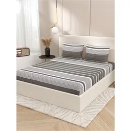 Varde White & Brown Striped Cotton 210 TC King Bedsheet With 2 Pillow Covers-picture-30