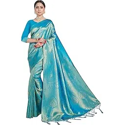 vardha Women's Kanchipuram Raw Silk Saree with Unstitched Blouse Piece - Zari Woven Work Sarees for Wedding-picture-35