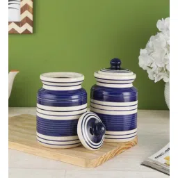 Indigo Blue Stripes 600ml (Set of 2) Ceramic Storage Jar by Vareesha-picture-29