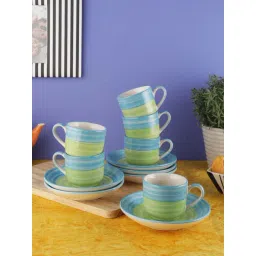 VarEesha Ananda Green & Blue Ceramic Tea Cups with Saucers (130 ml) - Set of 6-picture-22