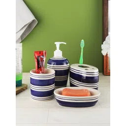 VarEesha Blue & Off-White Striped Indigo Ceramic Four Piece Bathroom Accessories Set-picture-26
