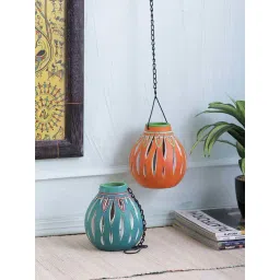 VarEesha Earthen Sparkle Orange & Aqua Terracotta Hanging Lantern Lamp Tea Light - Set of 2-picture-35