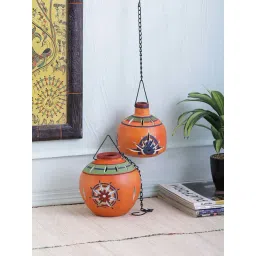 VarEesha Earthen Sparkle Orange Terracotta Hanging Lantern Lamp Tea Light - Set of 2-picture-31