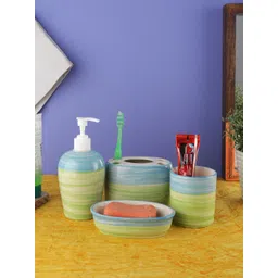 VarEesha Green & Blue Printed Ananda Ceramic Four Piece Bathroom Accessories Set-picture-10