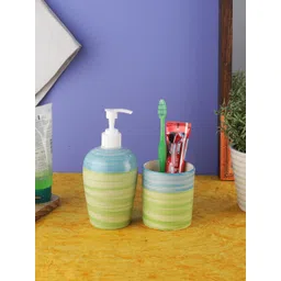 VarEesha Green & Blue Printed Ananda Ceramic Soap Dispenser & Tumbler Set-picture-24