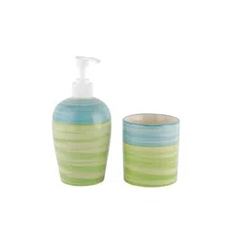 VarEesha Green & Blue Printed Ananda Ceramic Soap Dispenser & Tumbler Set image 3