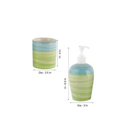 VarEesha Green & Blue Printed Ananda Ceramic Soap Dispenser & Tumbler Set image 2