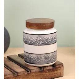 vareesha Grey White Embossed Ceramic Air Tight Jar with Wooden Lid-picture-12
