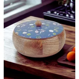 vareesha Hand Crafted Blue Floral Printed Lid Mango Wood Round Chapati Box-picture-10
