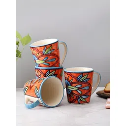 VarEesha Orange Colored & Blue 4 Pieces Floral Printed Ceramic Glossy Mugs 250ml-picture-31
