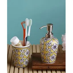 vareesha Set of 2 Floral Print Ceramic Soap Dispenser with Brush Holder-picture-46