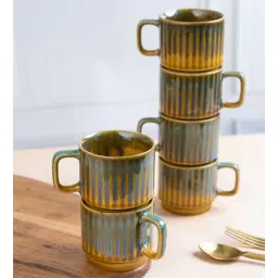 vareesha Set of 6 Mustard Studio Pottery Stackable Line Ceramic Tea Cups-picture-10